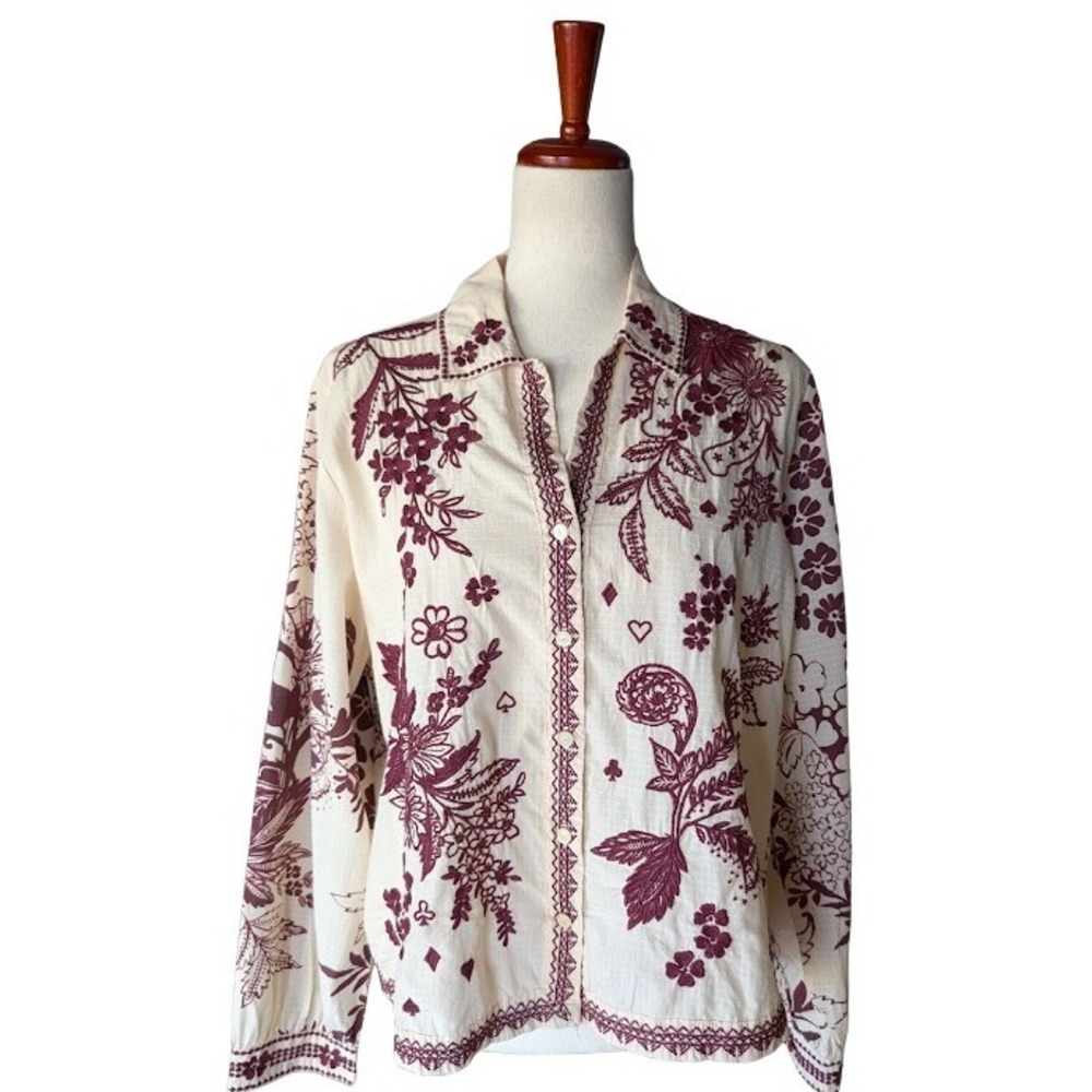 Johnny Was Aquijio Open Neck Shirt Cream Burgundy Embroidered Floral Top M NEW